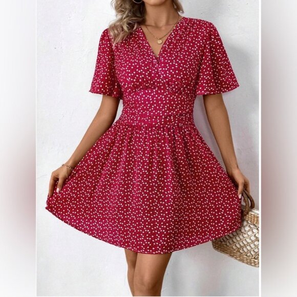 Dresses & Skirts - Heart Pattern Ruffle Sleeve Dress Red